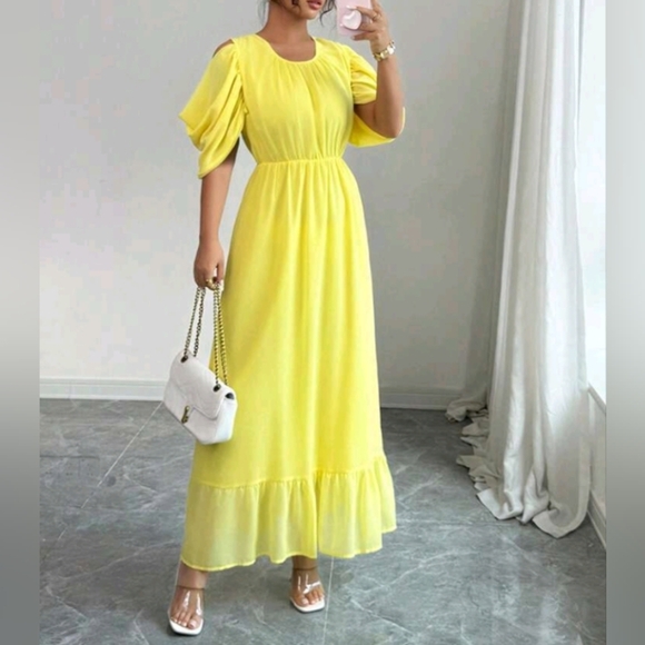 Women's Ruffle Shoulder Sleeve Patchwork Hem Yellow Chiffon Dress, French Refres - Picture 1 of 6